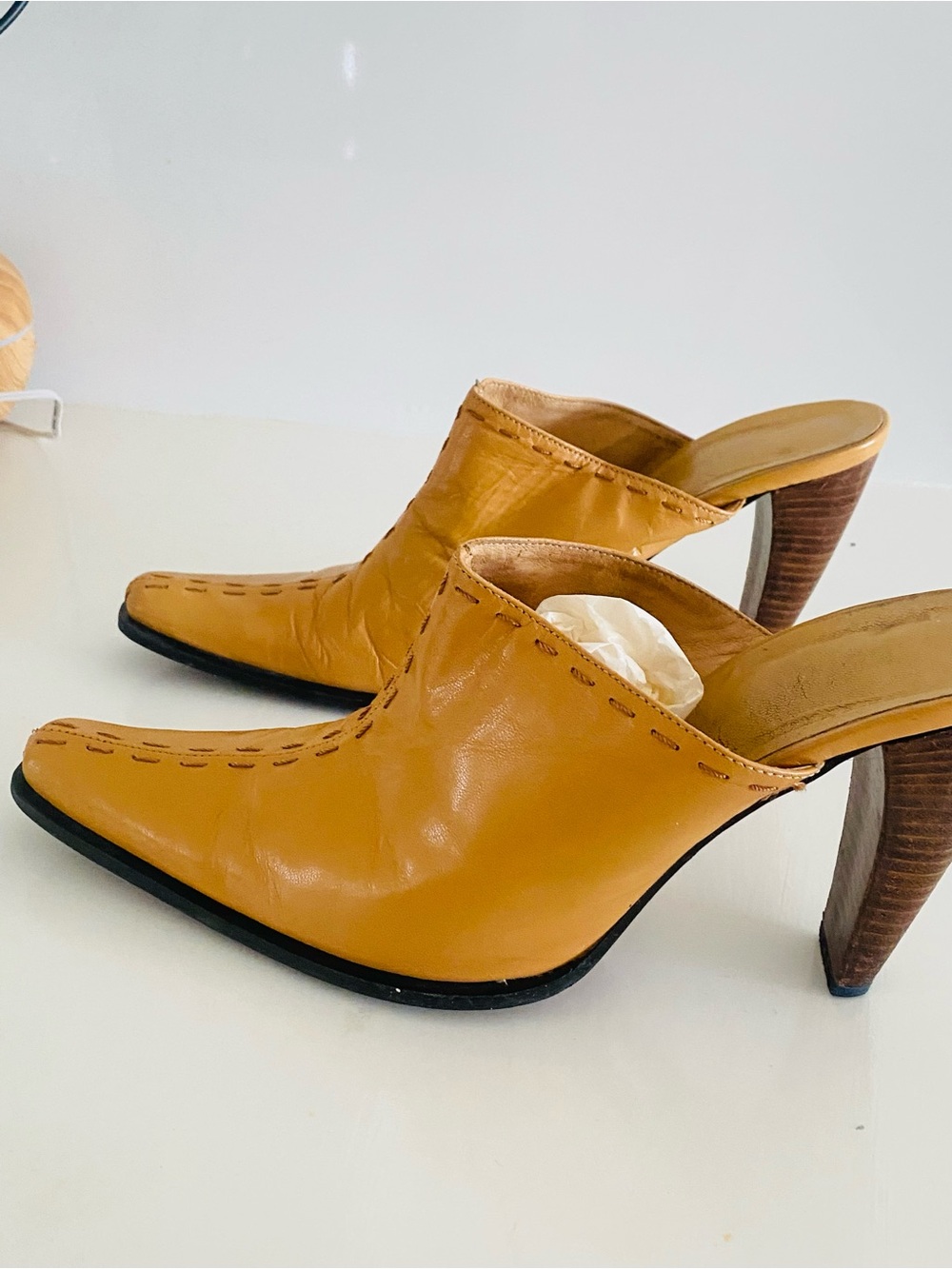 Pointed Mustard Leather Mule Heels